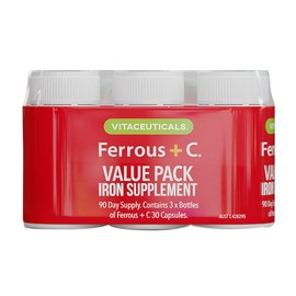 Vitaceuticals Ferrous Gluconate + Vitamin C Iron Supplement | HIGH ABSORPTION, Pregnancy Safe | Value Pack 3x30 Veg Capsules
