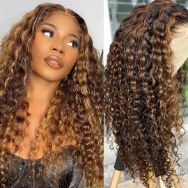 24 Inch Deep Wave P4/27 Highlight 13x6 HD Transparent Lace Front Wigs Ombre Human Hair Wet and Wavy Curly Lace Frontal Wigs for Women Human Hair Wigs Pre Plucked with Baby Hair