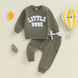 Toddler Infant Baby Boy Clothes Long Sleeve Sweatshirt Pullover Tops Jumper Letter Embroidered + Elastic Pants With Pockets 2 Piece Fall Winter Outfit Set Tracksuit (Army Green, 12-18 Months)