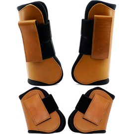 QMYBROW Horse Tendon Brushing Boots Open Front & Fetlock Boot | Protective Gear and Training Equipment |Neoprene,Breathable Waterproof Fabric and Genuine Leather | 4 Set (Brown, Cob (Medium))