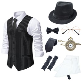 OSEMIOKA 1920s Mens Gatsby Gangster Vest Great Gatsby Gangster Costume for Men Roaring 20s Accessories Set Fedora Hat Spats