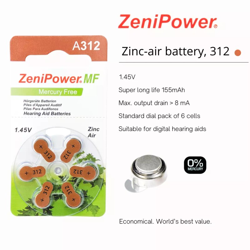 ZeniPower Size 312 1.45V Mercury-Free Zinc Air Hearing Aid Battery