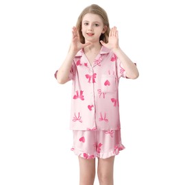 QZH.DUAO Girls Satin Silky Collar V Neck Ruffle Short Sleeve Top and Shorts Sleepwear PJs, Pink Bow Tie, 9-10 Years