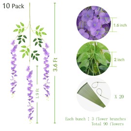 BLEUM CADE 10Pcs Purple Fake Wisteria Hanging Flowers, 3.6Ft/Pcs Artificial Wisteria Garland, Hanging Flowers for Wedding Party Home Backdrop Wall Decoration