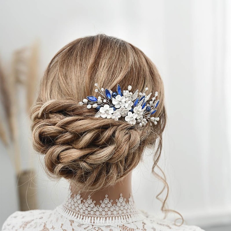 Unicra Bridal Wedding Hair Comb Flower Hair Accessories Blue Crystal
