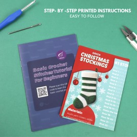 Green Christmas Stocking Crochet Kit, DIY Amigurumi Craft Knitting Starter Set, Step-by-Step Video Tutorials and Printed Instructions, Extra Yarn for Name