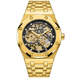 senstone Automatic Watches for Men Mechanical Movement Tourbillon Self-Winding Transparent Skeleton Fashion Business Dress Wristwatch with Waterproof Luminous Stainless Steel Band - Gold Black