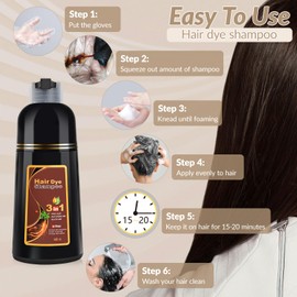 Hair Dye Shampoo 3 in 1, Natural Herbal Dye Shampoo for Grey Coverage Hair Color for Women and Men, Dark Brown