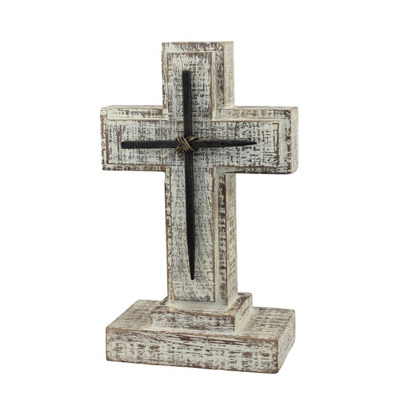 Stonebriar Accents of Faith 9" Wooden Pedestal Cross with Metal Details, Worn White