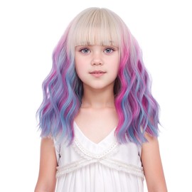 Girls Blonde Ombre Blue Pink Wig Kids Short Rainbow Wig with Air Bangs Child Colorful Wavy Curly Wigs Heat Resistant Synthetic Wigs with Cap