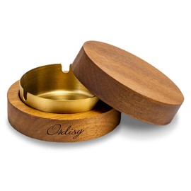 Ordisy Ashtray Wooden with Lid, Stainless Steel with Lid, Tabletop, Airtight, Stylish, Graceful (Gold)