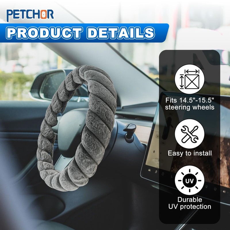 PETCHOR Twisted Fur Grey Soft Steering Wheel Cover, Fluffy Car
