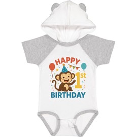 inktastic Happy 1st Birthday Monkey Party Theme Baby Bodysuit 6 Months White & Heather W/Ears 46b32