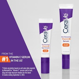 CeraVe Crema de ojos con vitamina C que renueva la piel, vitamina C, ácido hialurónico, ceramidas y cafeína, crema para debajo de los ojos para círcul