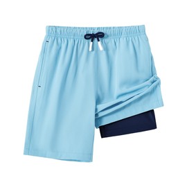 HFDWYJ Costume da bagno per bambini, ad asciugatura rapida, con compressione, pantaloni interni 2 in 1, per ragazzi, azzurro+blu navy, 10-12 anni