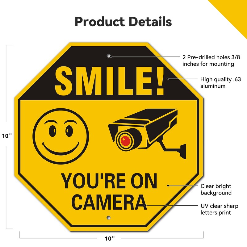 Smile You’re on Camera Signs, 10x10 inch Rust-Free Aluminum Surveillance,