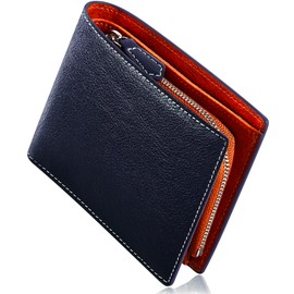 Otokor Men's Bi-fold Wallet, 13 Card Storage, Large Capacity, Genuine Leather, YKK Zipper, Coin Purse Pocket, Made by First-class Wallets Artisans, multicolor (navy / brown)