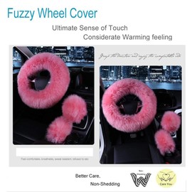 Younglingn Car Steering Wheel Cover Gear Shift Handbrake Fuzzy Cover 1 Set 3 Pcs Multi-Colored with Winter Warm Pure Wool Fashion for Girl Women Ladies Universal Fit Most Car（Pink）