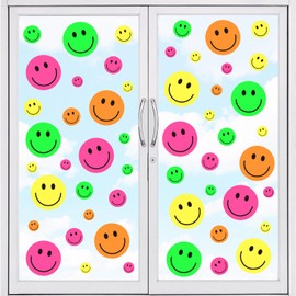 Whaline 9 Sheet Smile Face Window Clings Neon Colored Happy Face Reusable Window Decals for Home Classroom Office Nursery Window Decor