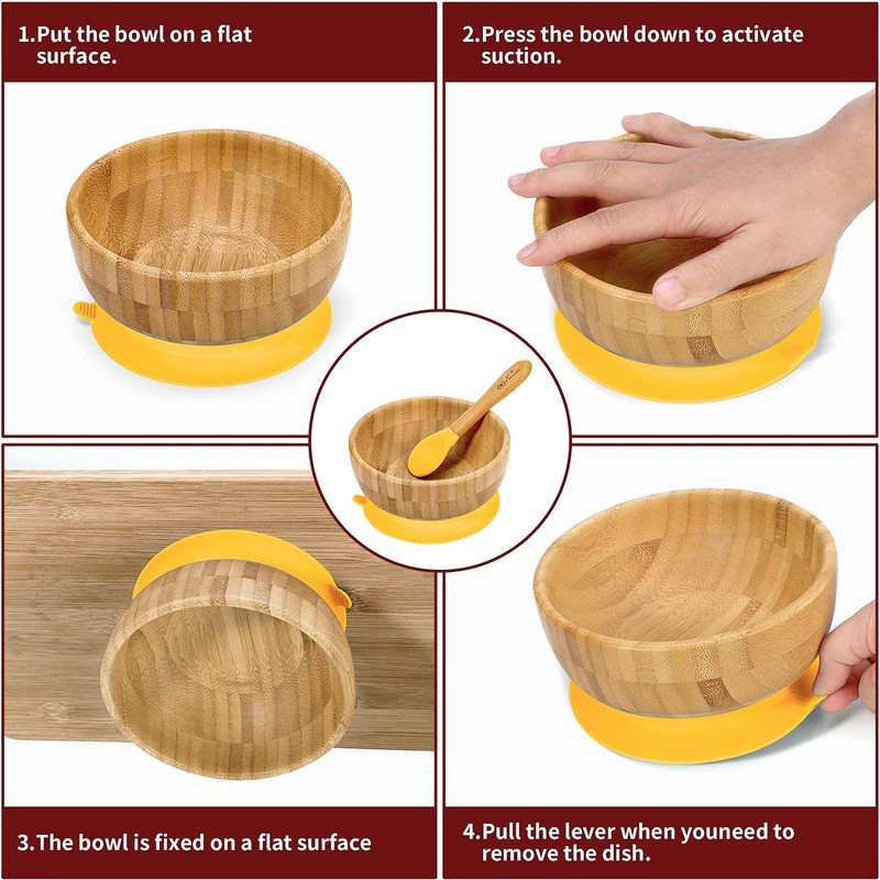 Vinsani Bamboo Bowl and Spoon Set for Baby/Toddler, Suction Plate,