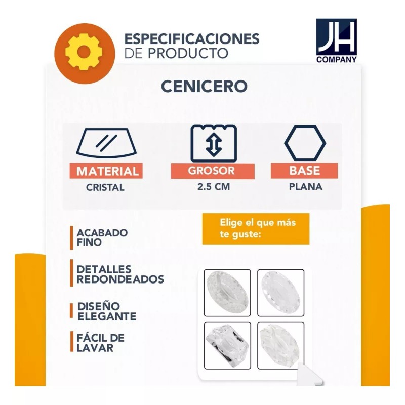 J.H. Company Cenicero De Cristal Moderno Fino Decoracion Hogar Oficina