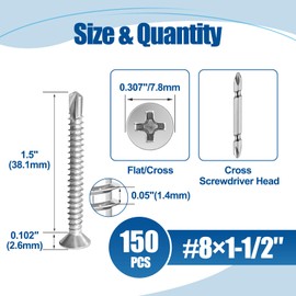 ANCHOREASE #8×1-1/2″ Sheet Metal Screws 150Pcs, 410 Stainless Steel Self Drilling Screws, Flat Head Phillips Fast Self Tapping Screws