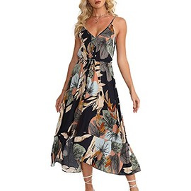 BROVAVE Women's 2025 Summer Casual Boho Sundress Polka Dot Spaghetti Strap V Neck Flowy Midi Dresses(008 Black, X-Large)