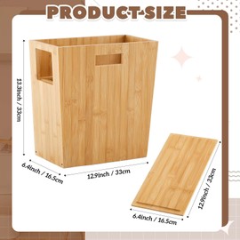 Reallnaive Bamboo Wood Trash Can with Lid 12.9'' x 6.4'' x 13.3'' Small Rectangular Waste Basket with Handle for Bathroom Waste Bin for Bathroom, Bedroom, Office, Living Room, Kitchen