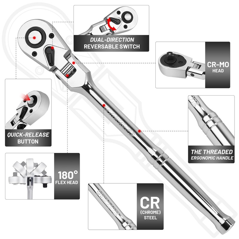 UYECOVE 1/2 3/8 1/4 Inch Drive Ratchet Set, 3Pcs Flex