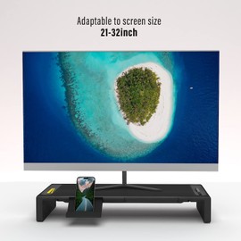 OImaster Monitor Stand Riser, Foldable Computer Adjustable Height and Storage Drawer & Pen Slot, Phone with Computer, Desktop, Laptop, Save Space (Black)