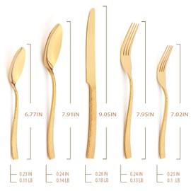 Kelenfer Silverware Set Flatware Set Gold Hammered Handle Cutlery Set Stainless Steel Shiny Mirror Polished Brass 20 Pieces Dishwasher Safe Service for 4
