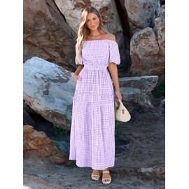 MASCOMODA Spring Dresses for Women 2024 Off Shoulder Short Puff Sleeve Maxi Dress Flowy A Line Smocked Ruffle Midi Dresses(Purple,Medium)
