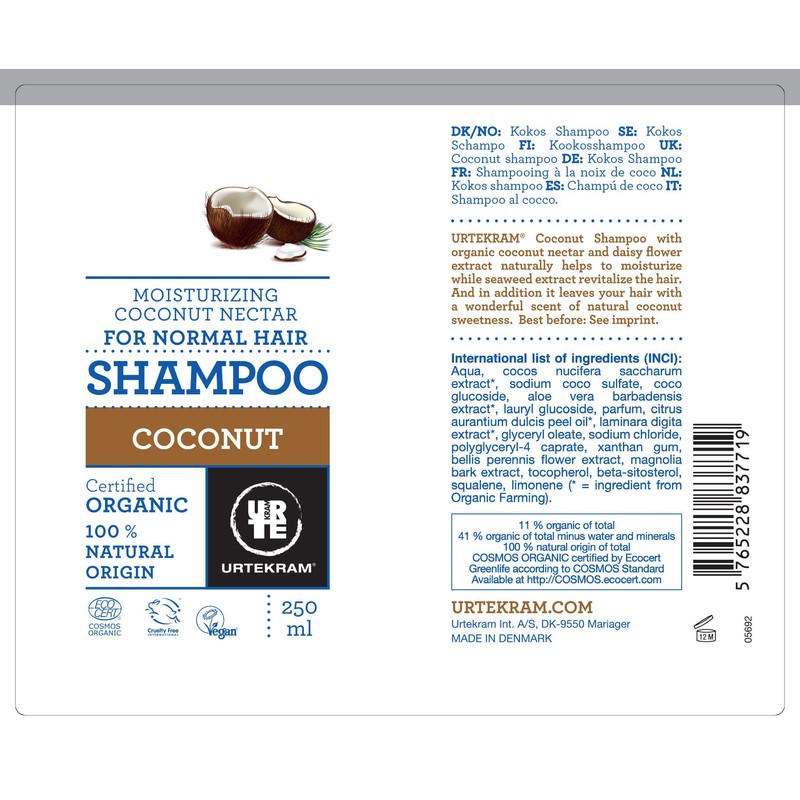 Urtekram Coconut Shampoo Organic, for Normal Hair, 250 ml