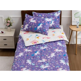 NTBED Unicorn Printed Zipper Bedding Sets Full Lightweight Microfiber Floral Comforter Sets with Fitted Sheet Pillow Covers,Purple