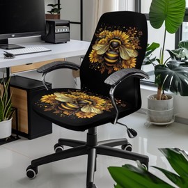 Wanyint Bee Sunflower Black Office Chair Cover for Universal Rotating Chair Printed Desk Computer Chair Cover Non-Slip High Back Chair Cover with Elastic Bottom, L