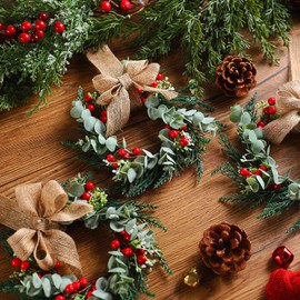 Hotop 18 Set Mini Christmas Wreaths for Cabinet Small Christmas Wreath with Burlap Ribbon for Kitchen Farmhouse Decoration Artificial Hanging Ring Garland for Front Door Porch Fence Wall Window Decor