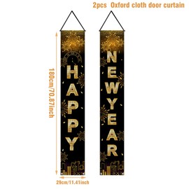 fairymaiden Happy New Year Banner 2025, New Year's Eve Decoration Black Gold Happy New Year Party, Happy New Year Banner, New Year Decoration Black and Gold, Welcome Porch Sign for Eve Party 2025
