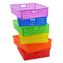4E's Novelty 6 Pack Colorful Plastic Classroom Storage Bins 13.75" X 10.25" for Organizing Papers Trays, Pencils, Arts and Crafts Supplies, Rainbow Containers for Kids School Supplies