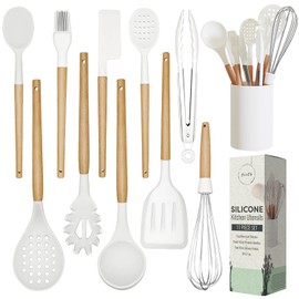 Five14 White Silicone Cooking Utensils Set Non Toxic - 11 Pcs Nonstick Kitchen Utensils Set with Holder - Heat-Resistant, BPA Free Spatula Set with Heat Resistant Wood Handles for Nonstick Cookware