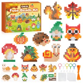 PITMT Iron-On Beads Large Set 10 mm, 1340 Pieces XL Beads Autumn Animal 10 Colours with Pegboard, 10 Patterns 3 Ironing Paper 5 Key Rings for Children from 3 Years Creative Crafts Gift