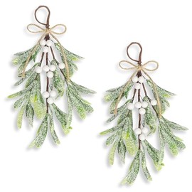 2 Pcs Christmas Artificial Mistletoe Ornament, 10.6'' Snowy Frosted Mistletoe Christmas Decoration with Berry Kissing Ball Mistletoe Hanging Decorations Spray for Winter Holiday Decor (2, White)