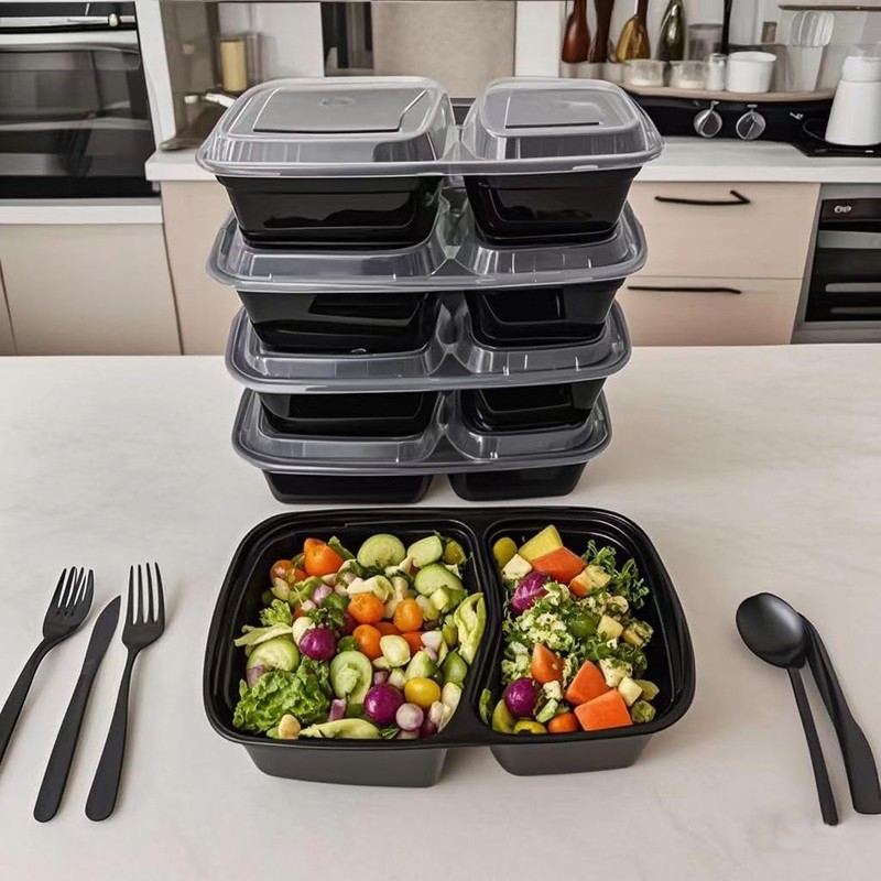 100pc 28 Oz 2-Grid Meal Prep Containers disposable, Plastic Food