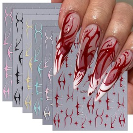 6 Sheets Fish Bone Lines Nail Stickers Pink Gold Blue Line Nail Art Stickers Black Red Holographic Laser Fish Bone Line Nail Decals 3D Self-Adhesive French Line Nail Design Supplies for Women Girls