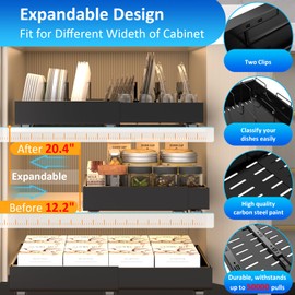 2 Pack Pull Out Cabinet Organizer, Expandable Sliding Drawers for Cabinets (12.6"-20.5"), with 6 Adjustable Partitions, Heavy Duty Slide Out Drawers for Kitchen Cabinets, Living Room, Pantry, Black