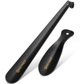 KEYHOT Metal Shoe Horn Long Handle 2Pcs, 16.5 inch Shoehorn Long Handled for Seniors Men - 7.5 inch Stainless Steel Small Shoe horns with Hook for Kid Women (Black)
