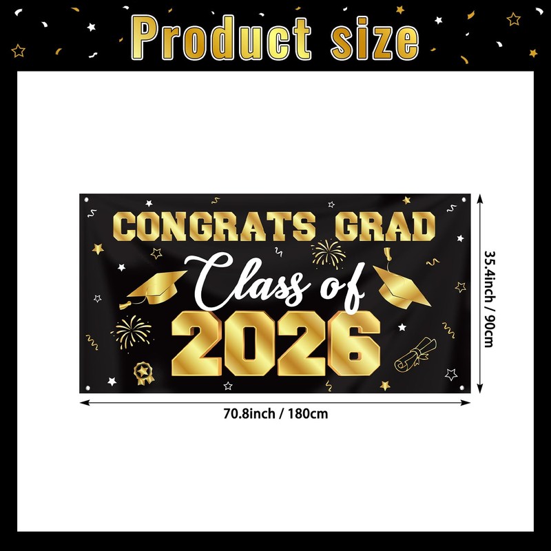 Graduation Decorations 2026 Black and Gold, Graduation Backdrop Banner 71