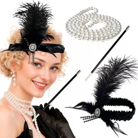 Grupo Carnavallia Kit Charleston Accesorios Diadema Pluma Negra Collar Pipa Color Negro