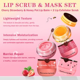 QIUFSSE 5PCS Lip Scrub and Mask Set,Cherry Strawberry and Honey Pot Lip Balm,2PCS Lip Exfoliator Scrub and Moisturizer,Clean and Repair,Reduce Fine Lines,Natural Ingredients,Cruelty Free