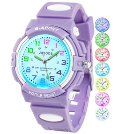 Juboos Kids Watch Analog with 7 Colorful Night Lights Boys Girls Waterproof Soft Strap Kids Time Teaching Quartz Wristwatch for Ages 5-18 (Purple)