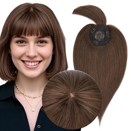 MY-LADY Human Hair Toppers for Women Real Human Hair with Bangs Thin 8.5 * 8.5CM Mono Base Clip in Remy Hairpieces Light Weight 12 Inch Chocolate Brown